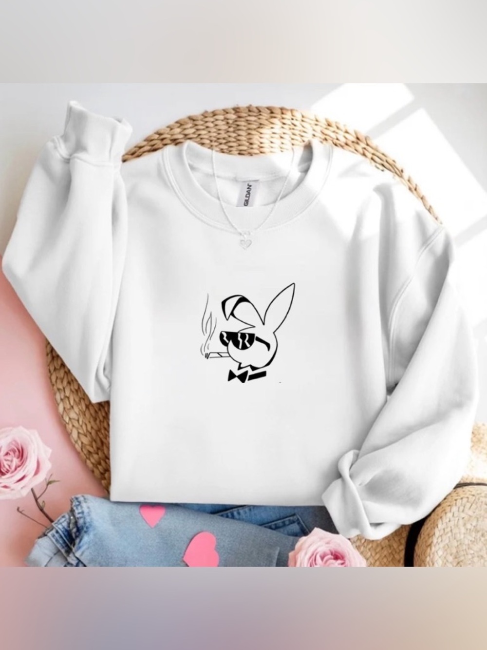 White Crewneck Sweatshirt Bunny Graphic Cool Trendy Streetwear Gift